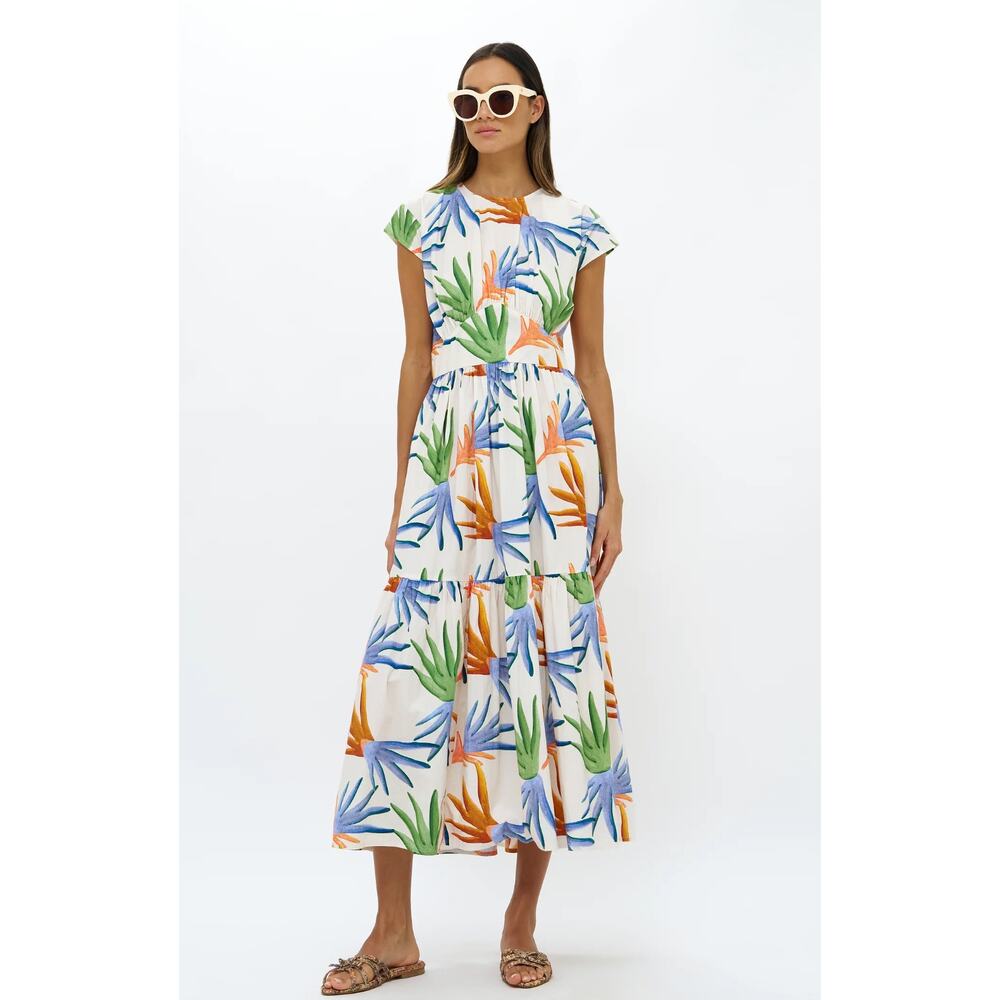 OLIPHANT Tuckernuck Cap Sleeve Midi Dress Fortuna Green Palm Print Cotton S